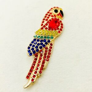 Bling Parrot bird sparkly red yellow green blue stone beach gold-tone brooch pin